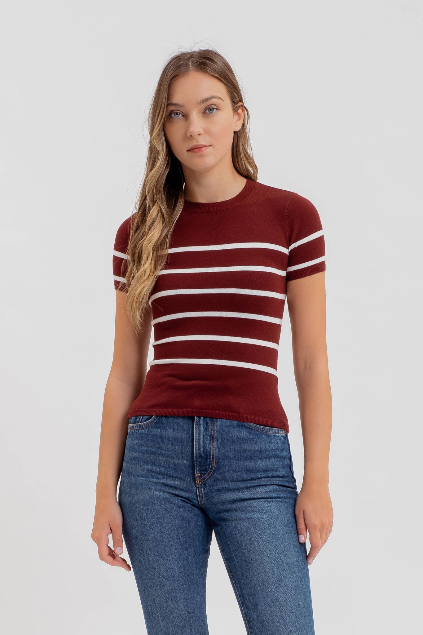 STRIPE ROUND NECK SHORT SLEEVE SWEATER KNIT TOP