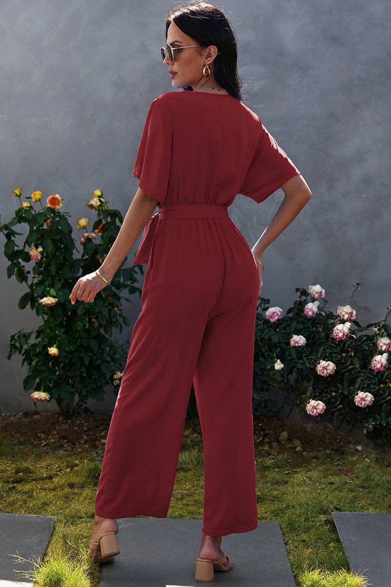 V Neck Half Sleeve Solid Jumpsuit