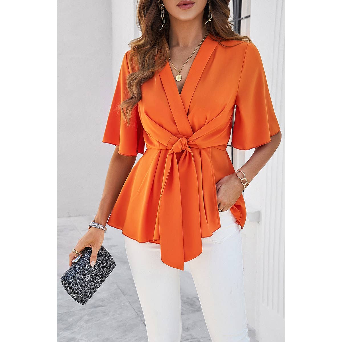 Wide Sleeve Deep V Knot Cross Ruffle Fit Blouse