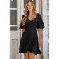 Solid V Neck Cross Ruffle Wide Sleeve Mini Dress