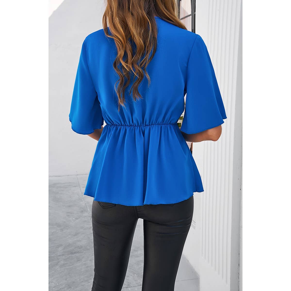 Wide Sleeve Deep V Knot Cross Ruffle Fit Blouse