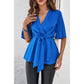 Wide Sleeve Deep V Knot Cross Ruffle Fit Blouse