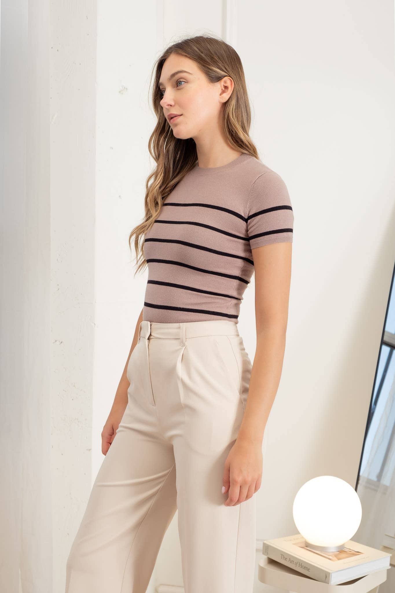 STRIPE ROUND NECK SHORT SLEEVE SWEATER KNIT TOP