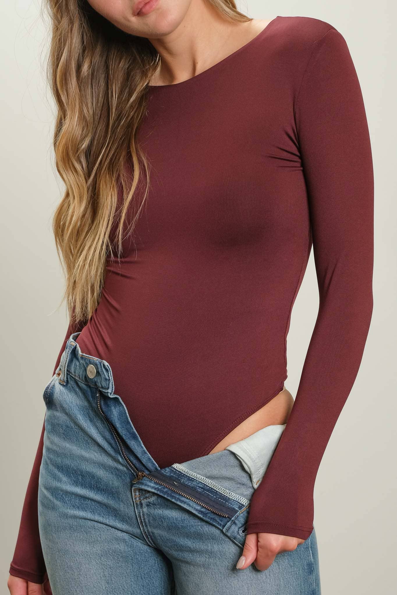 SOLID ROUND NECK LONG SLEEVE BODYSUIT