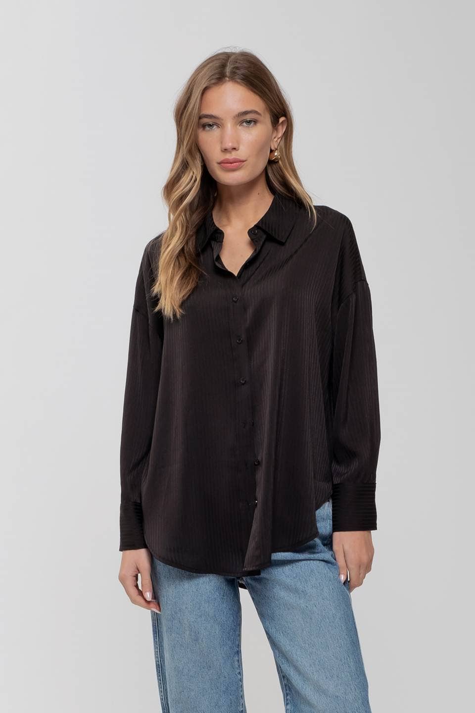 SATIN PINSTRIPE COLLARED LONG SLEEVE BUTTON DOWN