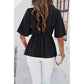 Wide Sleeve Deep V Knot Cross Ruffle Fit Blouse