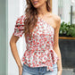 One Shoulder Floral Short Sleeve Top-Clearance