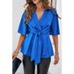 Wide Sleeve Deep V Knot Cross Ruffle Fit Blouse