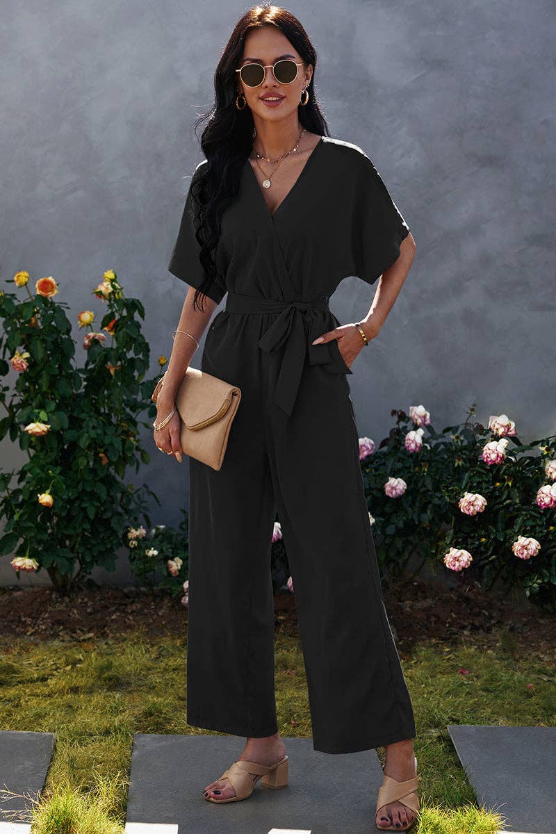 V Neck Half Sleeve Solid Jumpsuit