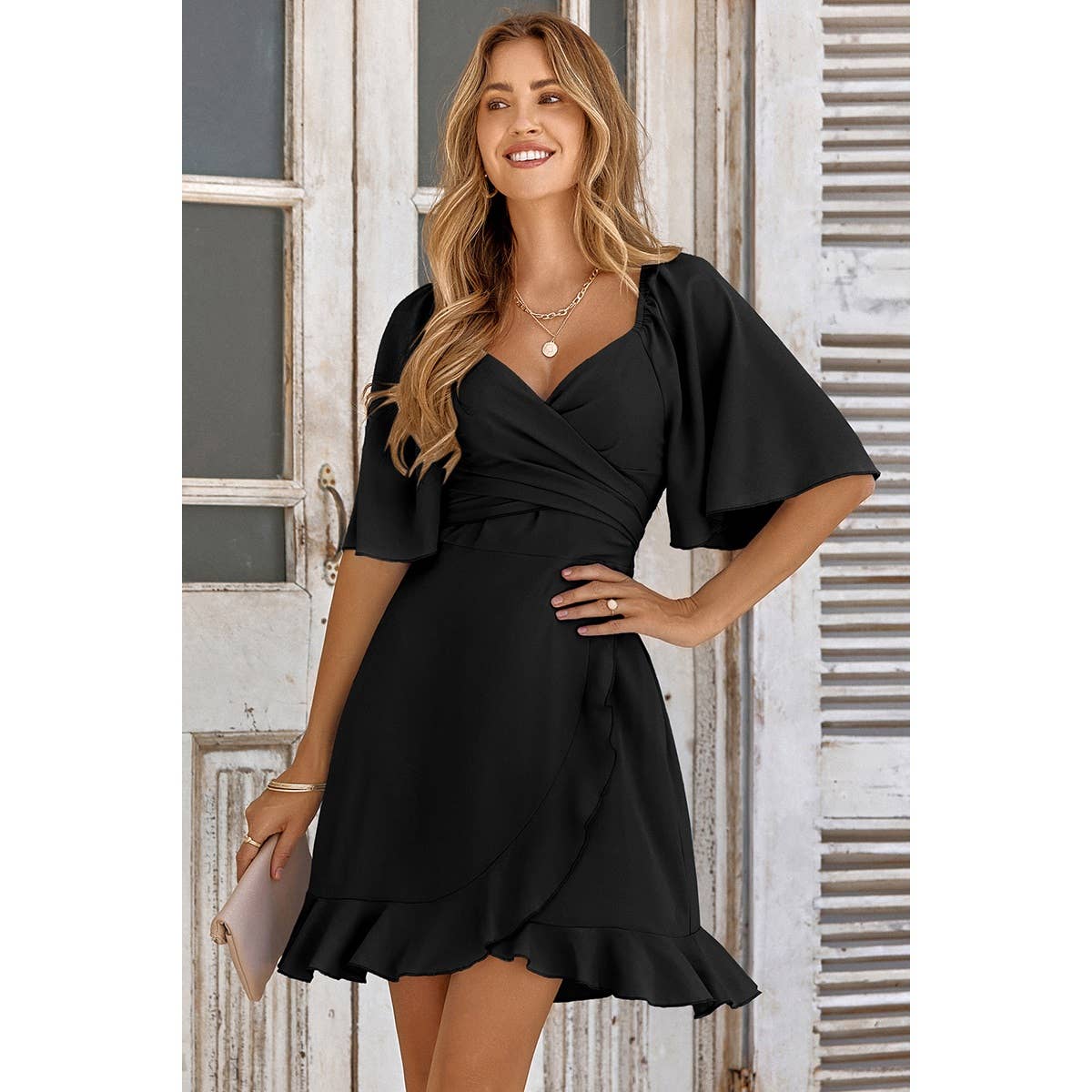 Solid V Neck Cross Ruffle Wide Sleeve Mini Dress