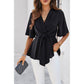 Wide Sleeve Deep V Knot Cross Ruffle Fit Blouse