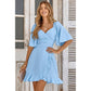 Solid V Neck Cross Ruffle Wide Sleeve Mini Dress