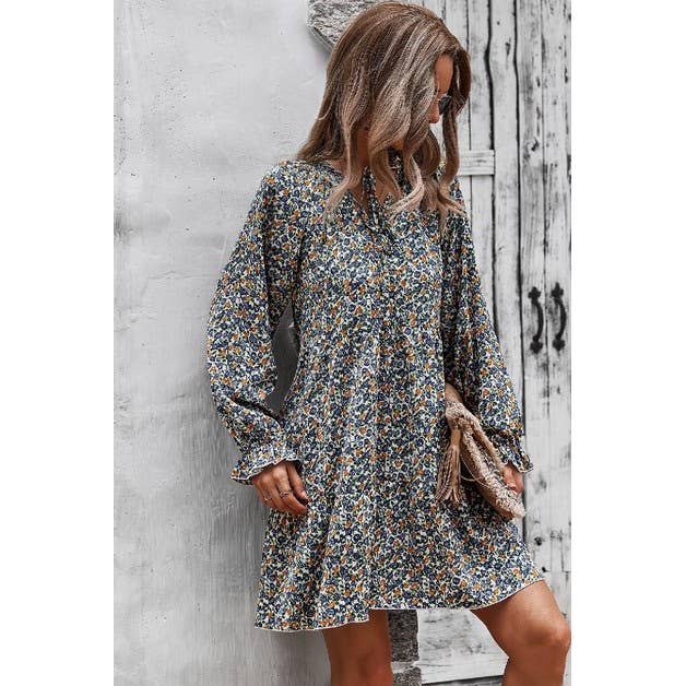 V Neck Floral Long Sleeve Dress - Clearance Item