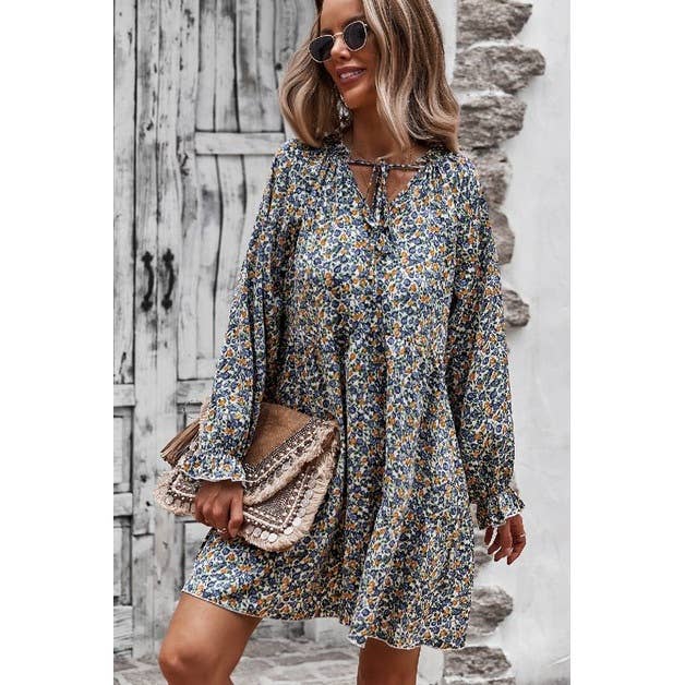 V Neck Floral Long Sleeve Dress - Clearance Item