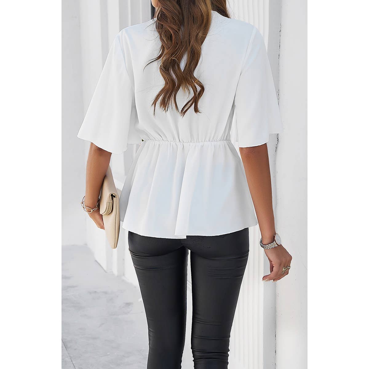 Wide Sleeve Deep V Knot Cross Ruffle Fit Blouse