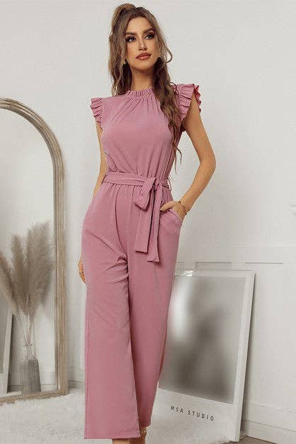 Mock Neck Sleeveless Ruffle Jumpsuit