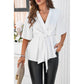 Wide Sleeve Deep V Knot Cross Ruffle Fit Blouse