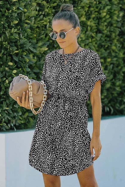 Crew Neck Waist Tie Leopard Dress