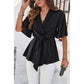 Wide Sleeve Deep V Knot Cross Ruffle Fit Blouse