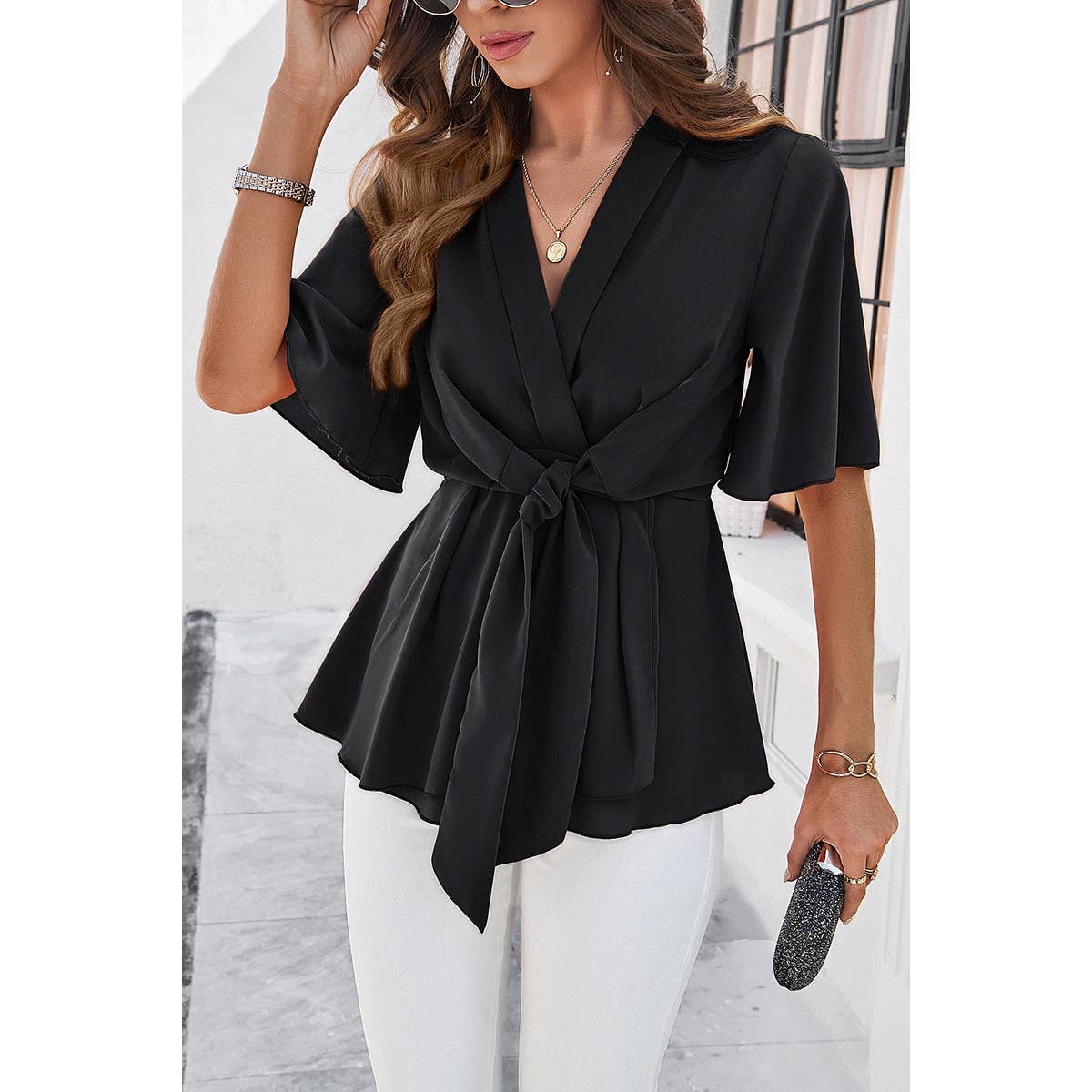 Wide Sleeve Deep V Knot Cross Ruffle Fit Blouse