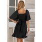 Solid V Neck Cross Ruffle Wide Sleeve Mini Dress