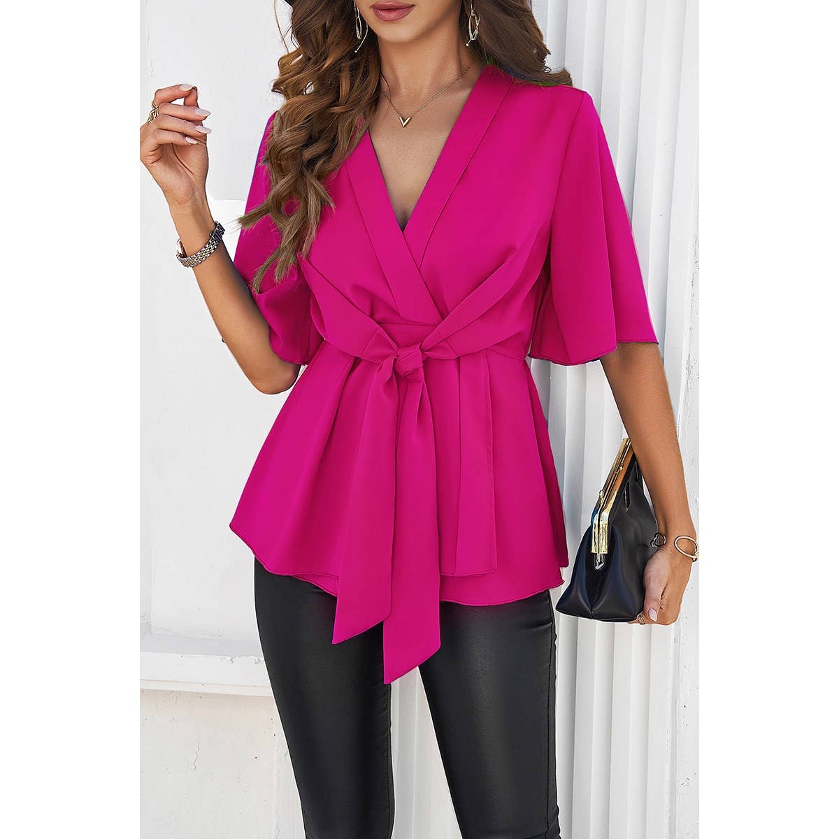 Wide Sleeve Deep V Knot Cross Ruffle Fit Blouse