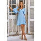 Solid V Neck Cross Ruffle Wide Sleeve Mini Dress