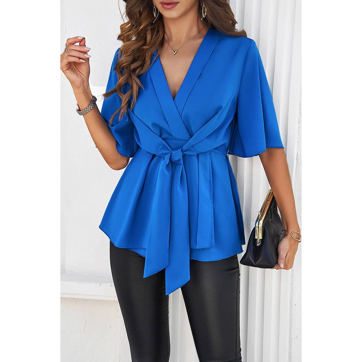 Wide Sleeve Deep V Knot Cross Ruffle Fit Blouse