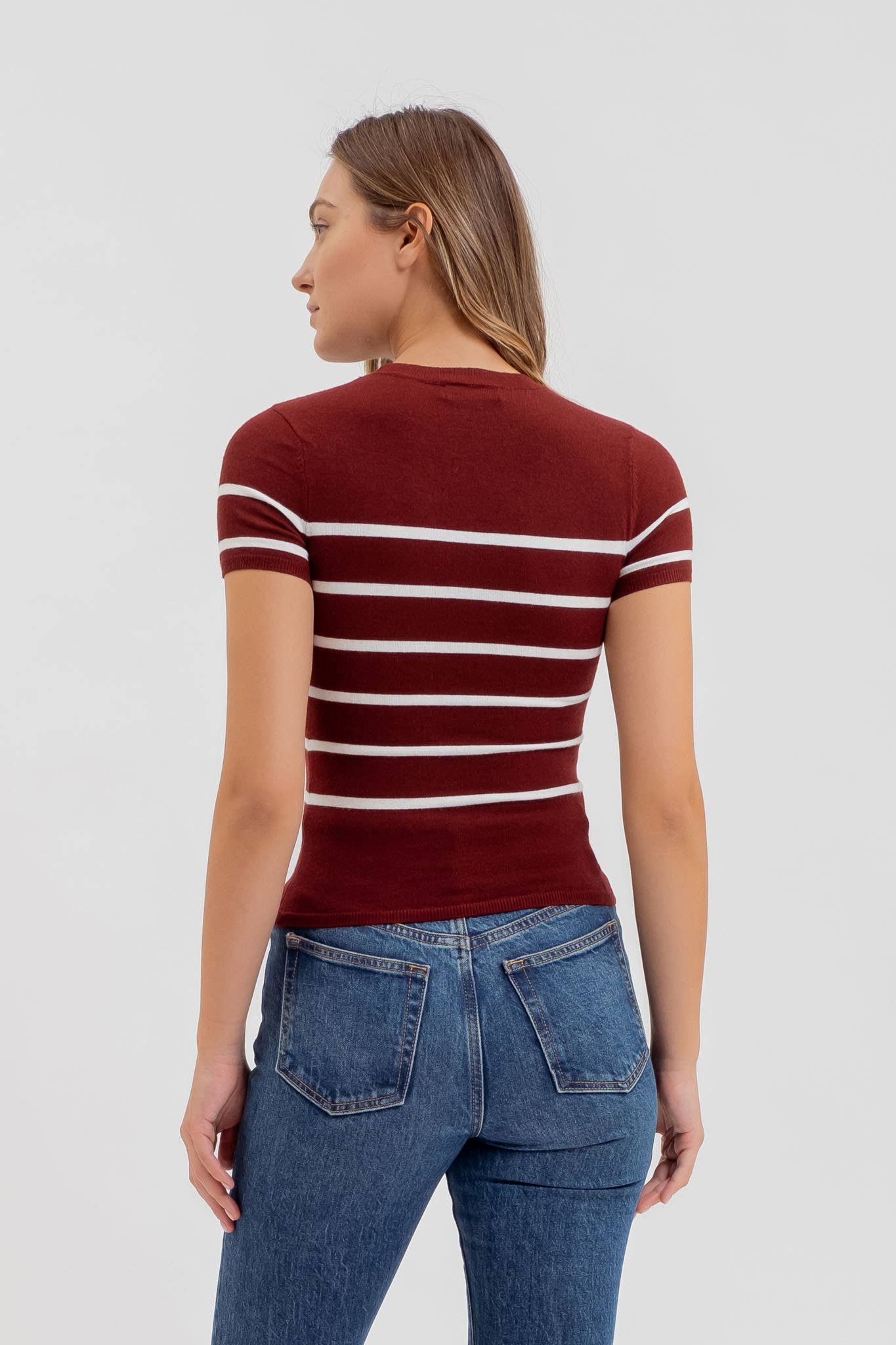 STRIPE ROUND NECK SHORT SLEEVE SWEATER KNIT TOP