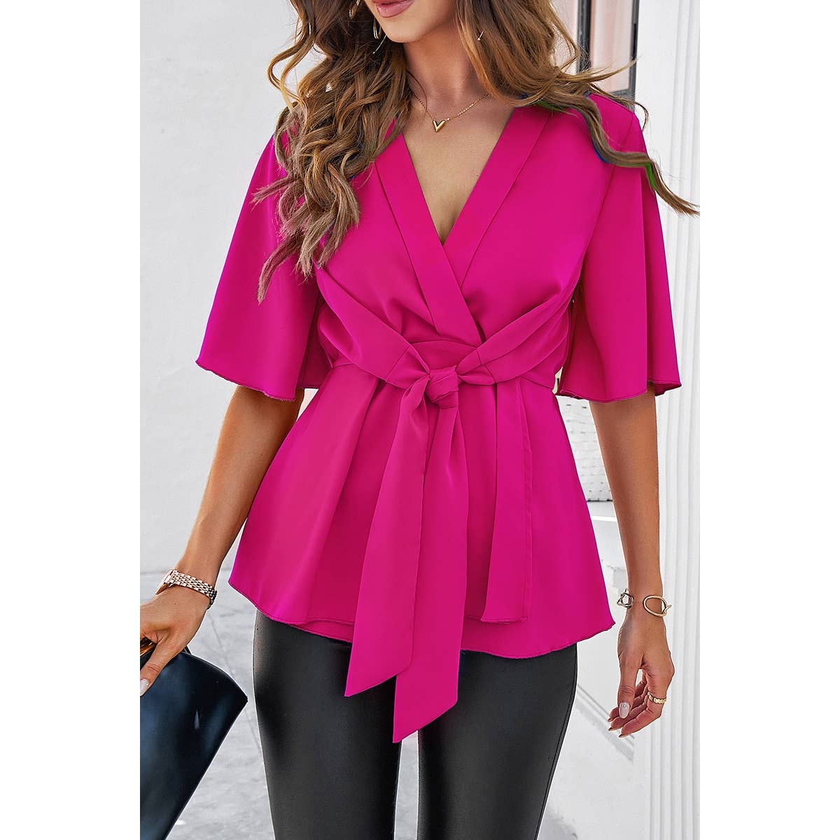 Wide Sleeve Deep V Knot Cross Ruffle Fit Blouse