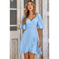 Solid V Neck Cross Ruffle Wide Sleeve Mini Dress