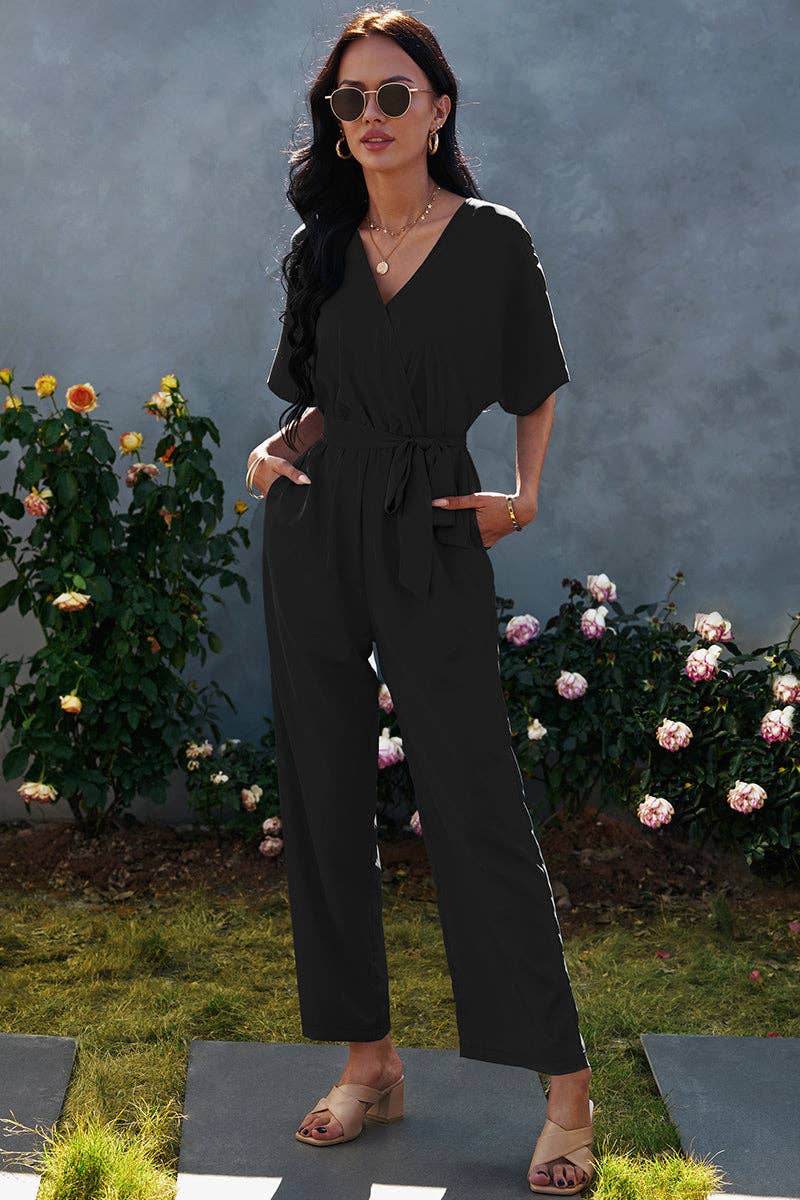 V Neck Half Sleeve Solid Jumpsuit